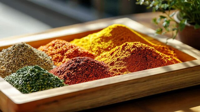 Vibrant spices arranged on a wooden tray in a sunny kitchen setting for culinary inspiration, kitchen spices on a tray