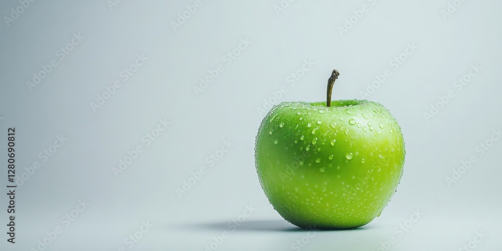 Poster fresh vibrant green apple with water droplets on a light grey background positioned to the right cre