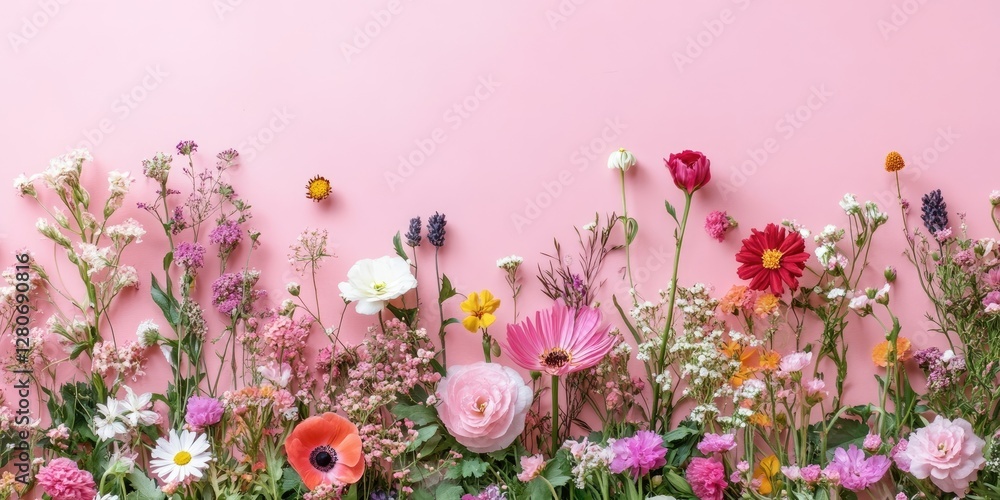 Poster Vibrant flat lay of assorted garden flowers in varying shades on a soft pink background with abundant copy space at the top for text.