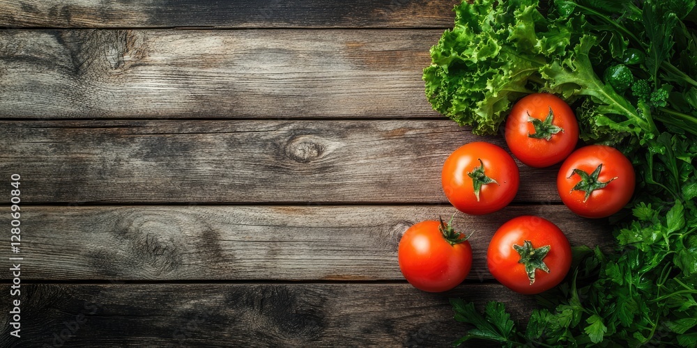 Poster vibrant red tomatoes arranged with fresh greens on a rustic wooden surface highlighting earthy tones