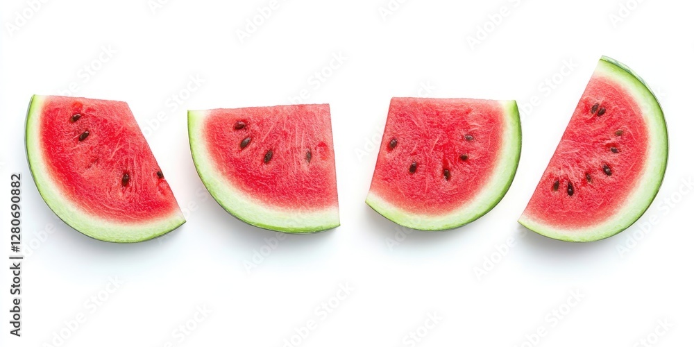 Poster sliced watermelon segments arranged on a white background showcasing vibrant red flesh and green rin