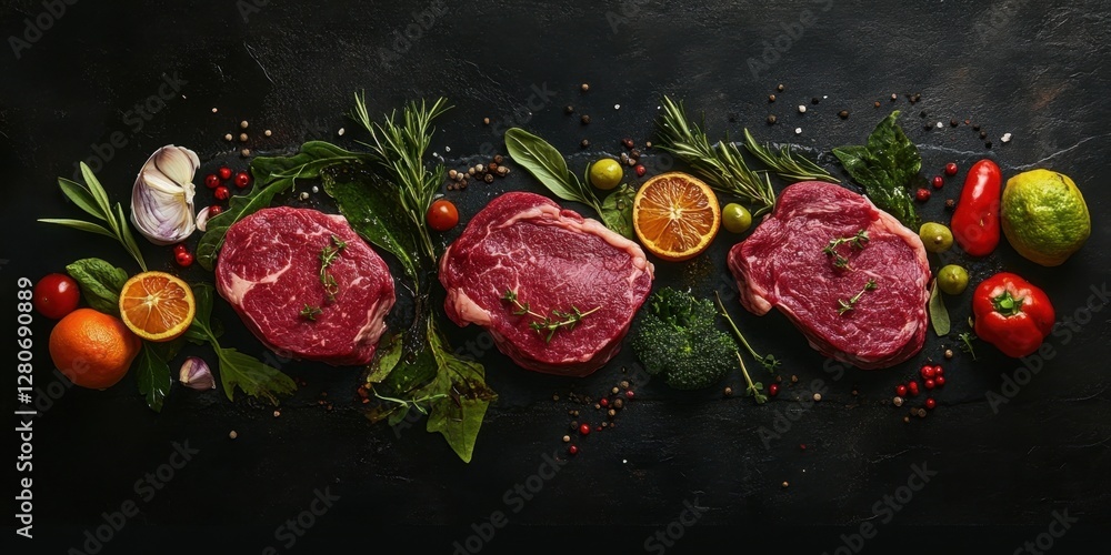 Poster fresh raw beef steaks arranged in a row on a dark surface surrounded by vibrant seasonings fruits an