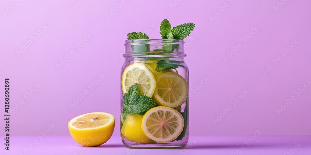 Poster fresh mint and lemon slices in a glass jar on lilac background vibrant display with mint leaves on t