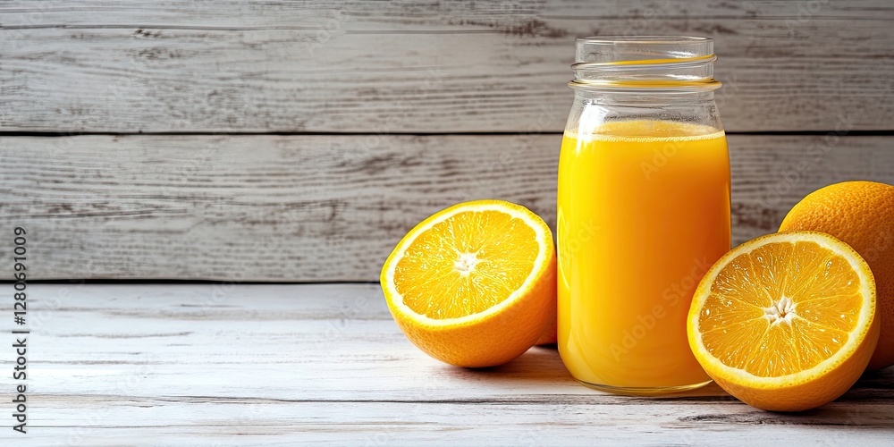 Poster bright orange juice in glass jar with two halved oranges on left against rustic white wooden backgro