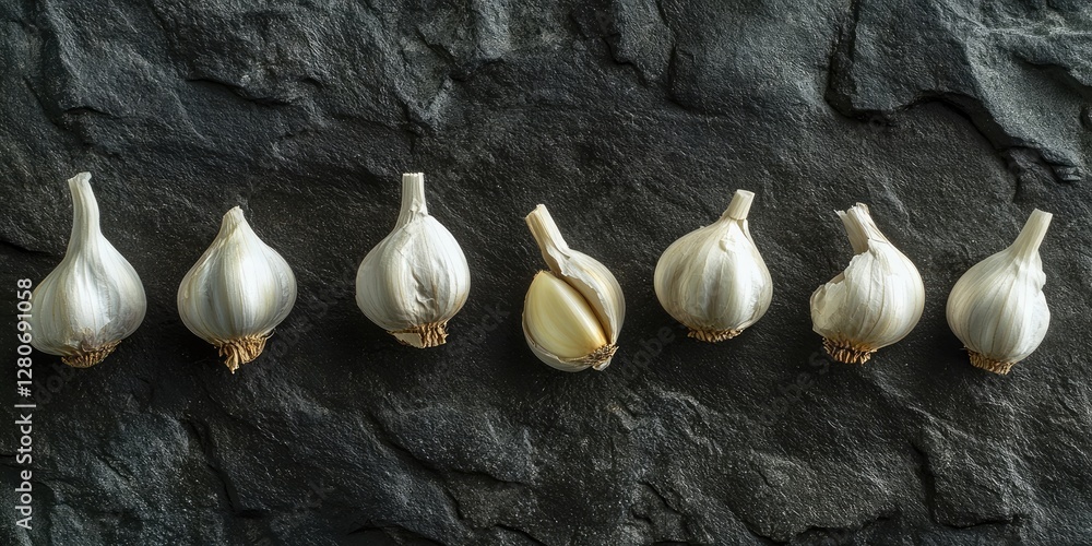 Aufkleber garlic cloves neatly lined up on a dark textured stone surface showcasing their white color and uniq