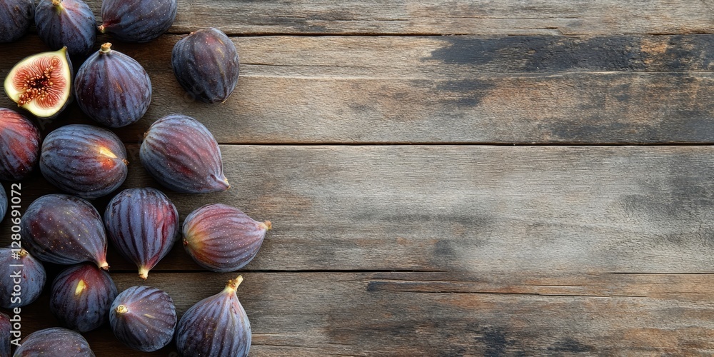 Poster fresh figs arranged on rustic wooden background with purple and green hues showcasing their natural 