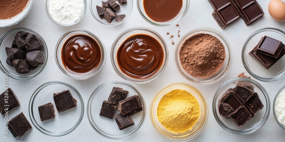 Poster flat lay of glass mixing bowls with dark chocolate chunks cocoa powder and cream arranged neatly on 