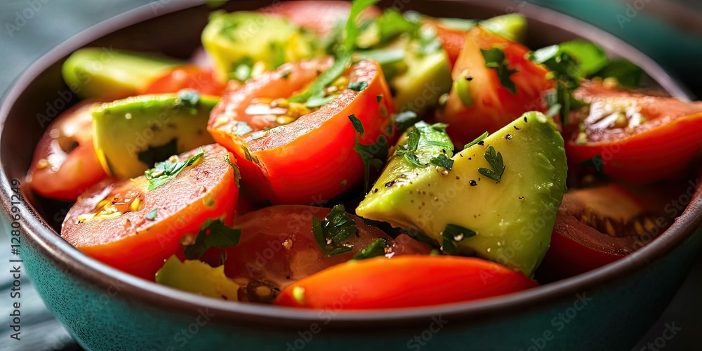 Aufkleber fresh vibrant salad with ripe tomatoes and avocados garnished with herbs in a rustic bowl on a woode