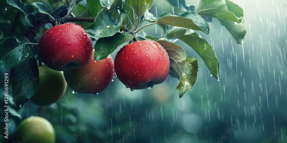 Aufkleber vibrant red and green apples glisten with raindrops on a lush green tree backdrop showcasing a seren