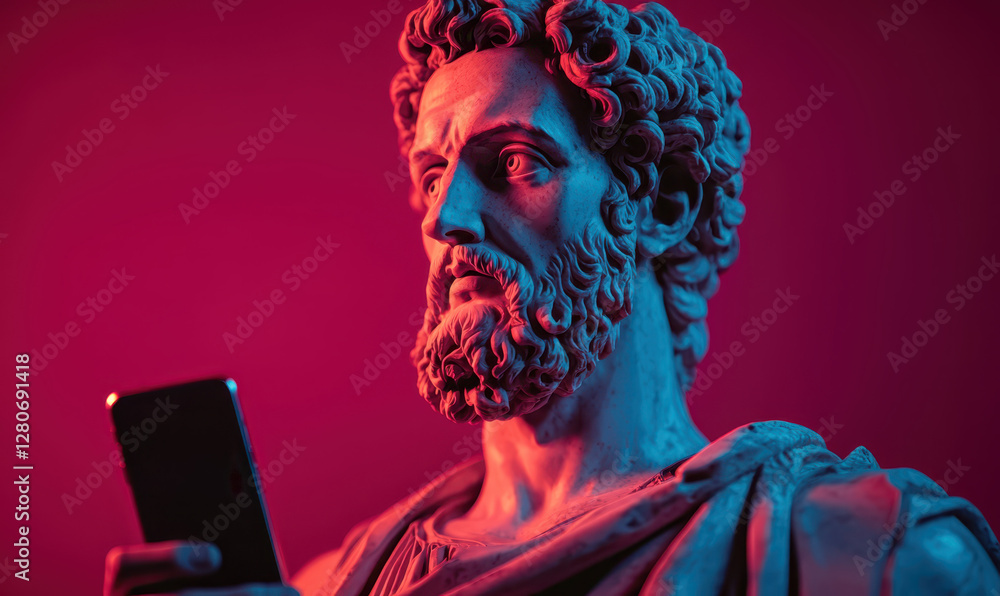 Poster exploring the intersection of art and technology: a captivating sculpture depicting a classical figu