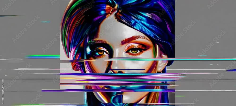 Poster colorful glitch animation featuring dynamic abstract portrait transformation