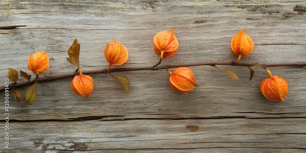 Aufkleber orange physalis fruits on a thin branch with green leaves positioned against a textured wooden backg