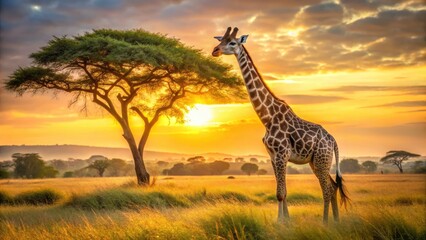 Fototapeta premium Rule of thirds highlights a majestic giraffe in breathtaking African savanna wildlife photography.