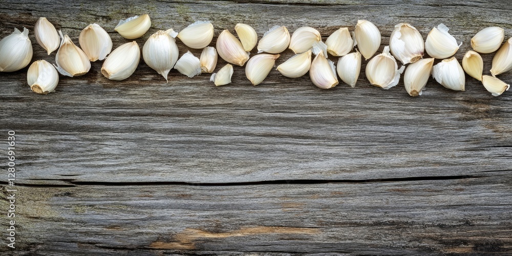 Poster garlic cloves neatly lined on a weathered wooden surface with space for text, showcasing earthy tone