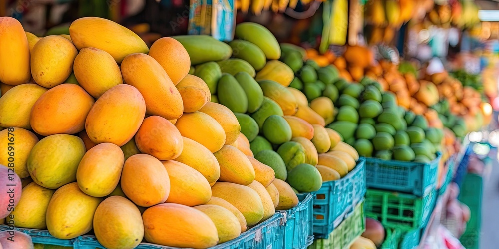 Poster vibrant display of ripe mangoes in shades of yellow and green stacked in baskets at a market, creati
