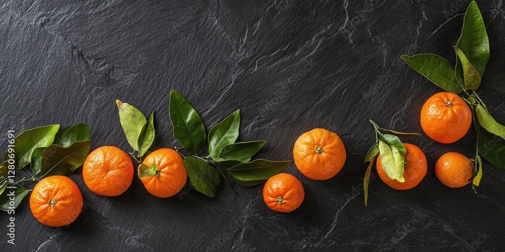 Poster fresh oranges with green leaves arranged on a textured black slate surface, showcasing vibrant orang