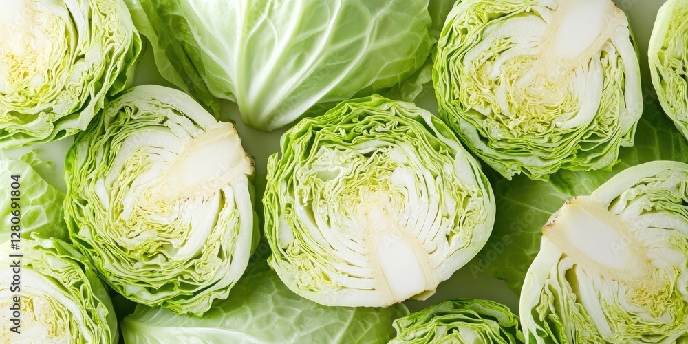 Leinwandbilder fresh green cabbage sliced, arranged in circular patterns on a light background, showcasing vibrant 