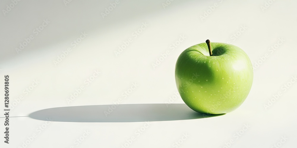 Poster Single fresh green apple positioned on a light white background casting a soft shadow to the right highlighting its vibrant color and texture.