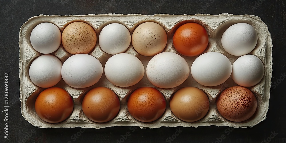 Poster neatly arranged assortment of fresh duck eggs in an egg carton tray featuring white and brown eggs s