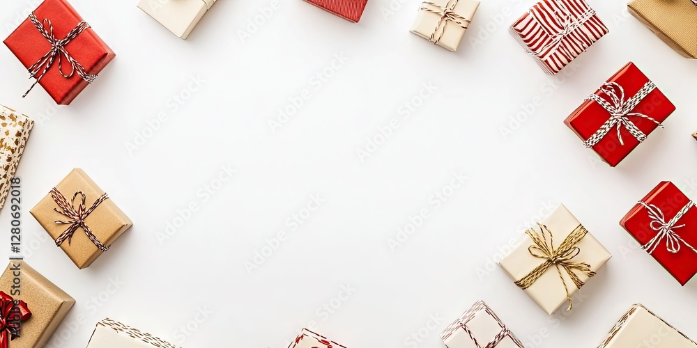 Poster Gift boxes in red, gold, and white arranged in a circular pattern on a white background, creating space for text in a horizontal layout.