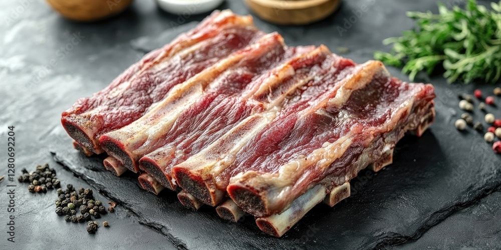 Poster Fresh raw beef ribs arranged neatly on a black slate surface with herbs and mixed peppercorns scattered around for a rustic presentation.
