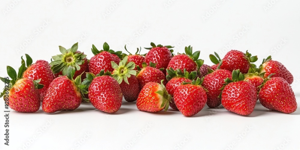 Aufkleber fresh ripe strawberries arranged in a scattered horizontal line on a clean white background showcasi