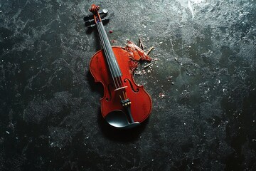 Fototapeta premium Broken Red Violin with Damaged Strings on Dark Textured Surface Symbolizing Fragility and Loss