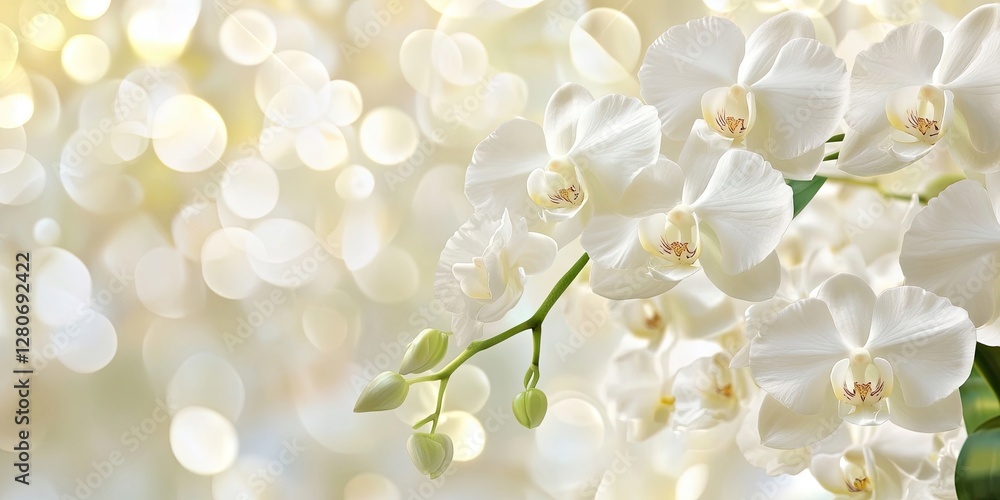 Poster Delicate white orchids with soft green buds against a blurred golden bokeh background creating a serene and elegant floral composition.