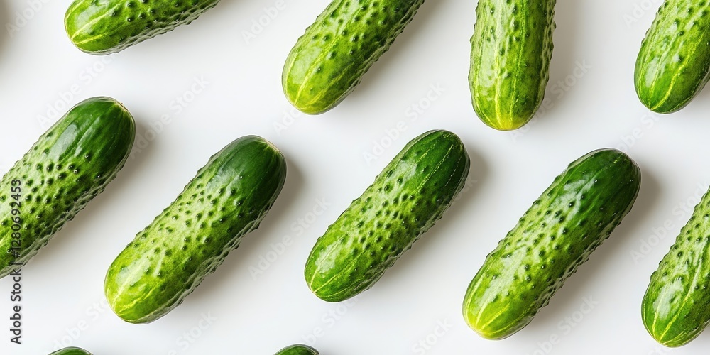 Aufkleber Fresh green cucumbers arranged in a repetitive pattern on a light background showcasing their texture and natural shine.