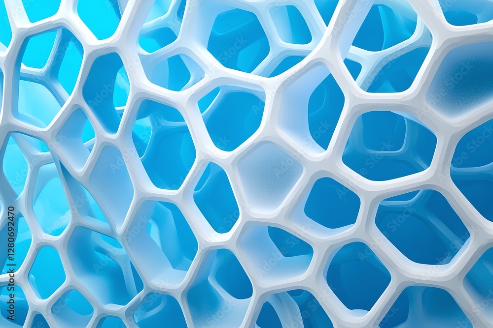 Poster white geometric honeycomb structure with blue background representing futuristic abstract design