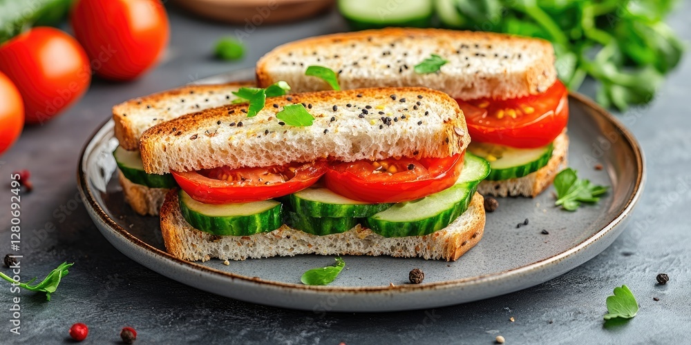 Poster fresh vegetable sandwich with sliced tomatoes and cucumbers on whole grain bread arranged on a gray 