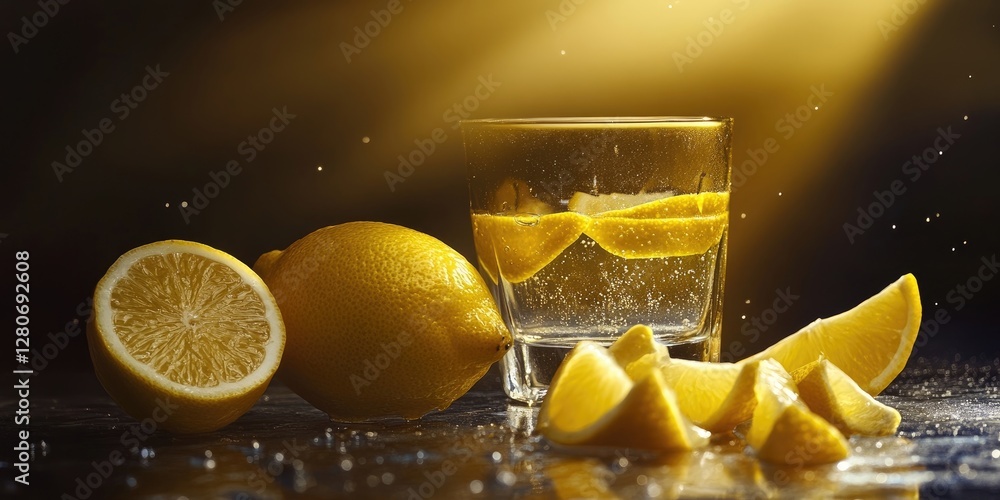 Poster lemon slices and whole lemons beside a glass of sparkling lemonade illuminated by golden light with 