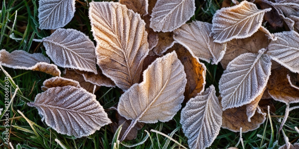 Aufkleber frost-covered brown and gray leaves scattered on green grass with a delicate layer of frost highligh