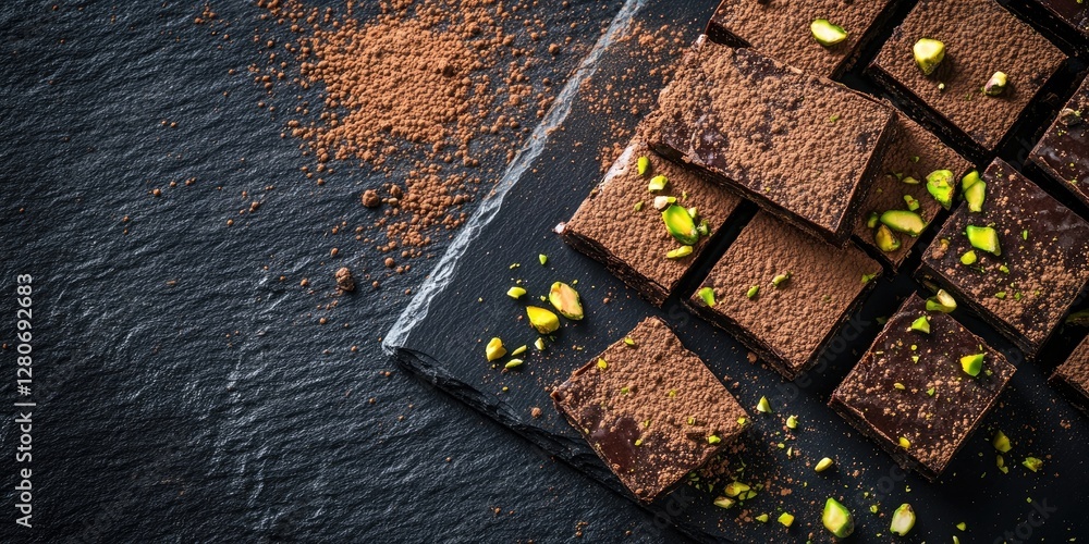Poster decadent chocolate squares dusted with cocoa powder and sprinkled with pistachios on a dark slate ba