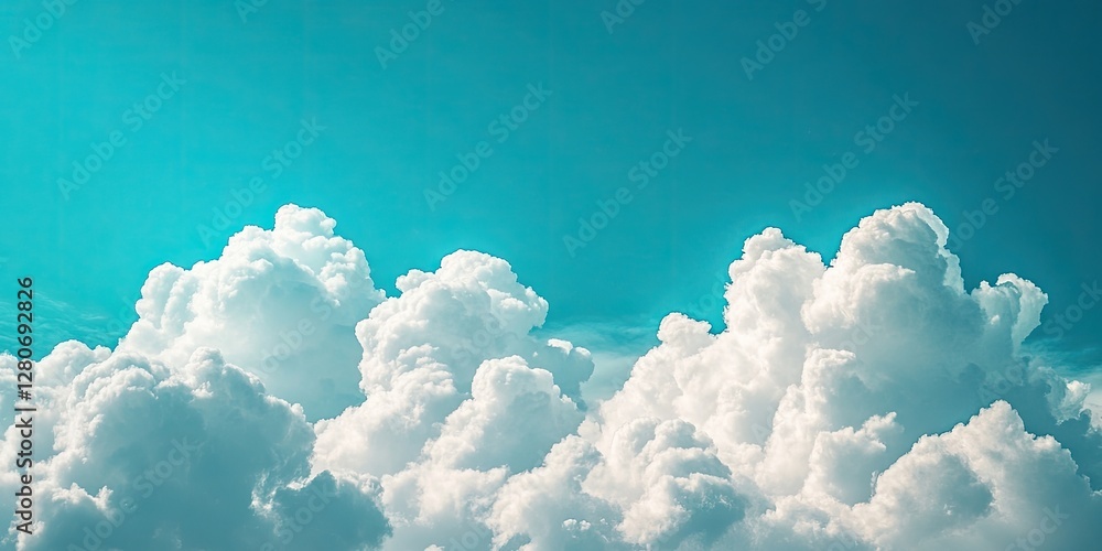 Poster majestic fluffy white clouds clustered against a serene turquoise sky, creating a tranquil daytime a