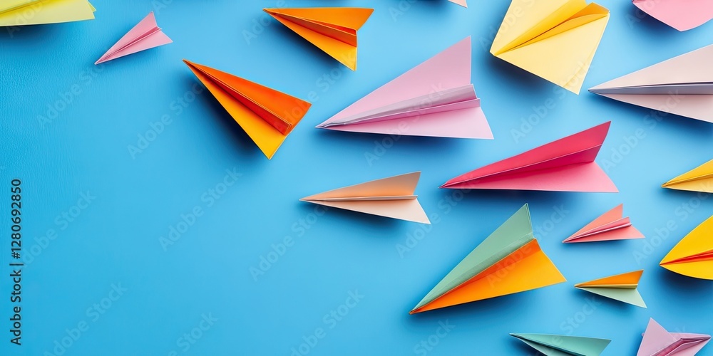 Poster colorful paper planes in various sizes arranged dynamically on a vivid blue background showcasing vi