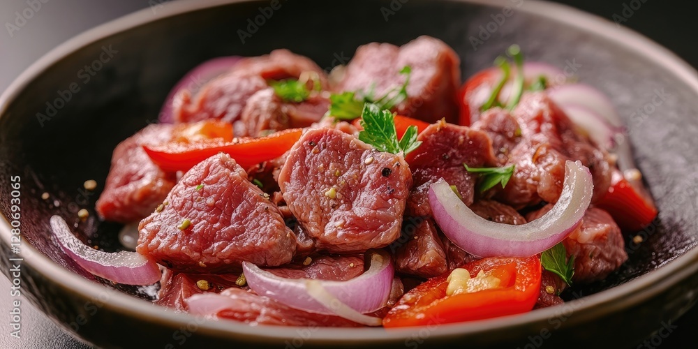 Poster sizzling beef cubes with red peppers and onions garnished with fresh herbs in a black bowl on a dark