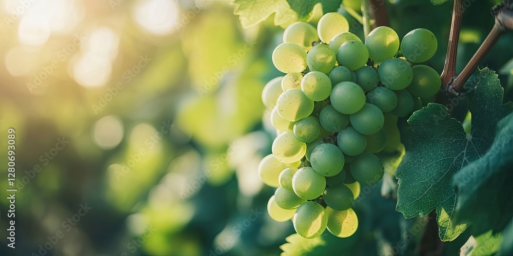 Aufkleber ripe green grapes hang in clusters on a vine surrounded by lush green leaves with soft sunlight filt