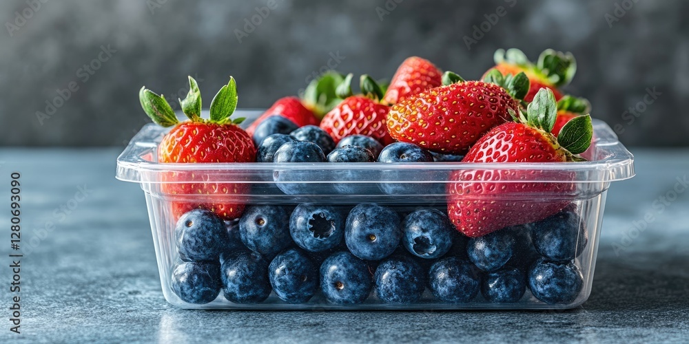 Poster fresh strawberries and blueberries in a clear plastic container on a textured surface with a cool gr