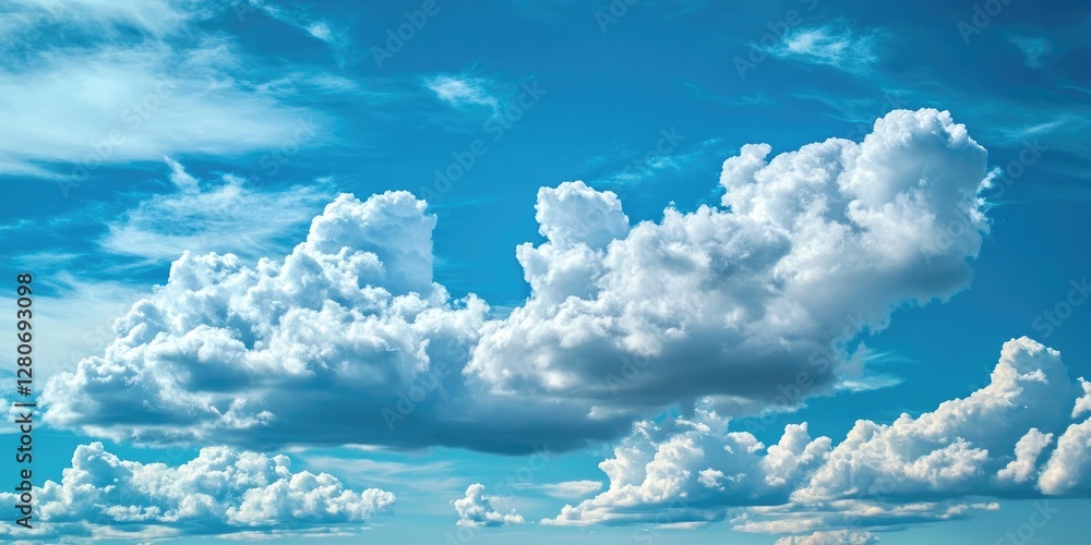 Poster fluffy white cumulus clouds against a bright blue sky create a serene backdrop showcasing ideal weat