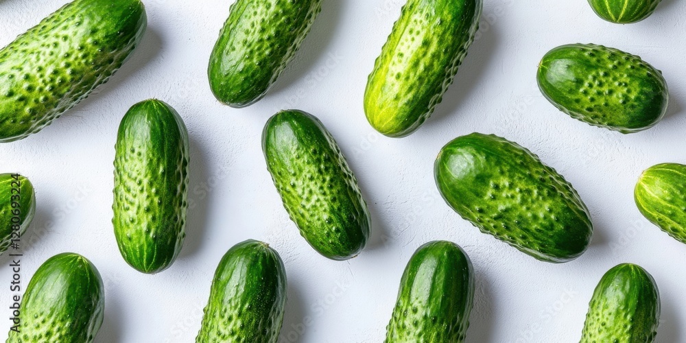 Poster Vibrant green cucumbers arranged symmetrically on a clean white background emphasizing their crisp texture and natural health benefits