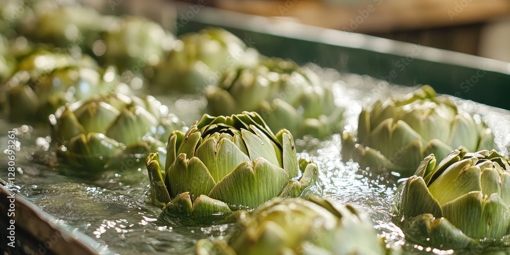 Poster Fresh artichokes floating in a shallow water pool with rippling waves, featuring rich green hues and arranged in a symmetrical pattern.