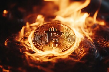 Golden Bitcoin Surrounded by Flames Representing Cryptocurrency Risk and Financial Volatility