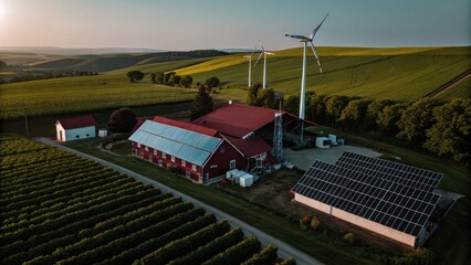 Obraz premium Aerial view of an eco friendly farm at sunrise, featuring a red barn with solar panels, wind turbines, and vineyards. Clean energy and sustainable agriculture.