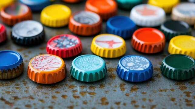 Colorful handmade and Crafted from Upcycled Denim Concept, Artistic Upcycled Bottle Caps Crafted into Unique Magnets for Creative Home Decor and Personalization