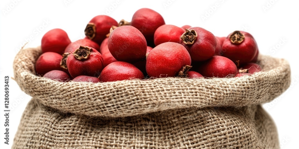 Poster burlap sack filled with vibrant red crab apples positioned centrally against a clean white backgroun