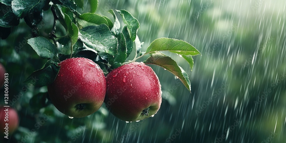 Poster red apples glistening with raindrops on a tree branch with lush green leaves in a tranquil rain-soak