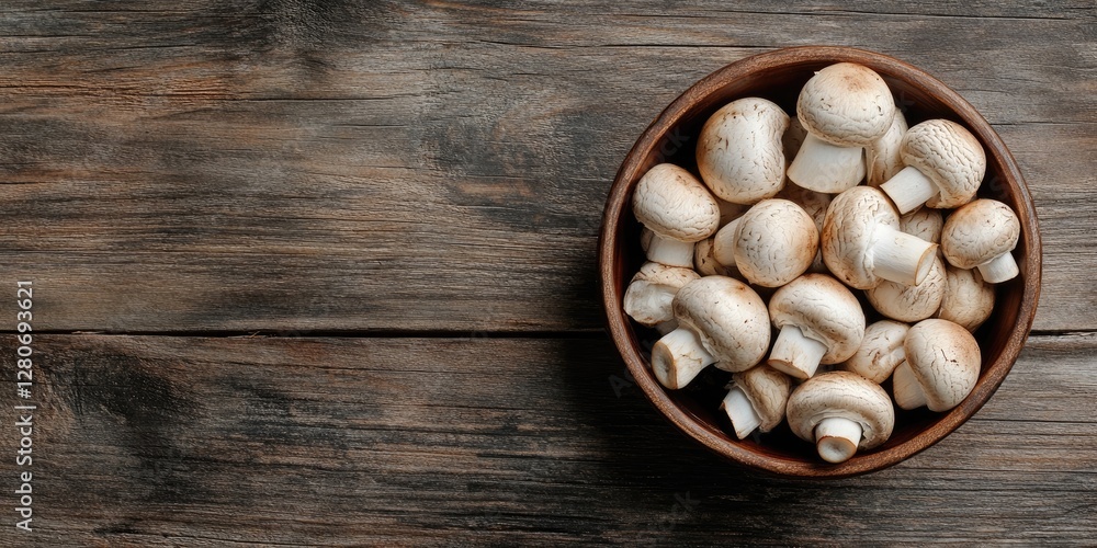 Poster fresh white champignon mushrooms overflowing in a round brown wooden bowl centered on a rustic woode