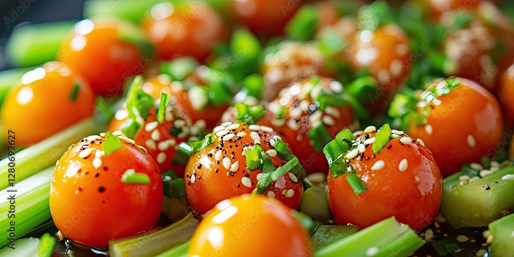 Poster vibrant orange cherry tomatoes with green onion sprouts and crunchy celery drizzled in sesame dressi
