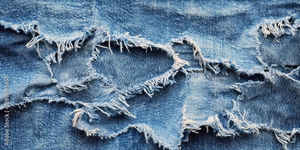 Aufkleber frayed blue denim fabric texture showcasing multiple torn areas with light and dark blue shades high